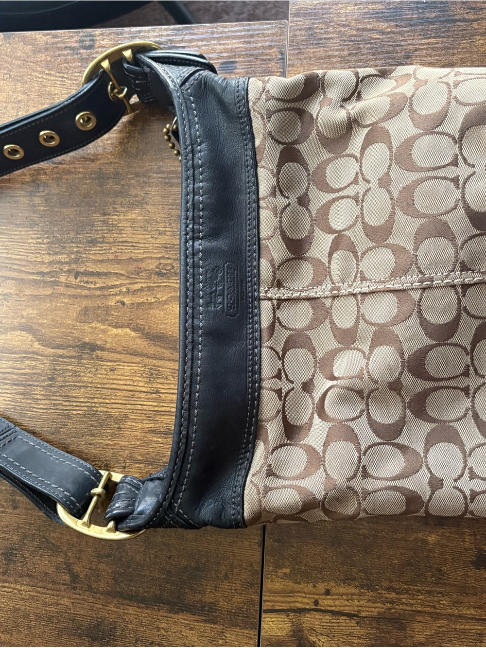 Coach Brown Signature Canvas Hobo with Black Leather Trim